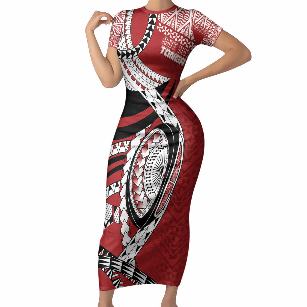 Mate Ma'a Tonga Rugby Custom Kupesi Motifs Short Sleeve Bodycon Dress Red Waves
