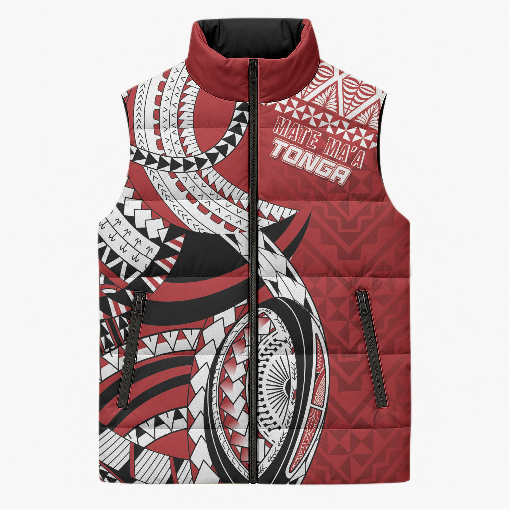 Mate Ma'a Tonga Rugby Custom Kupesi Motifs Sleeveless Puffer Jacket Red Waves