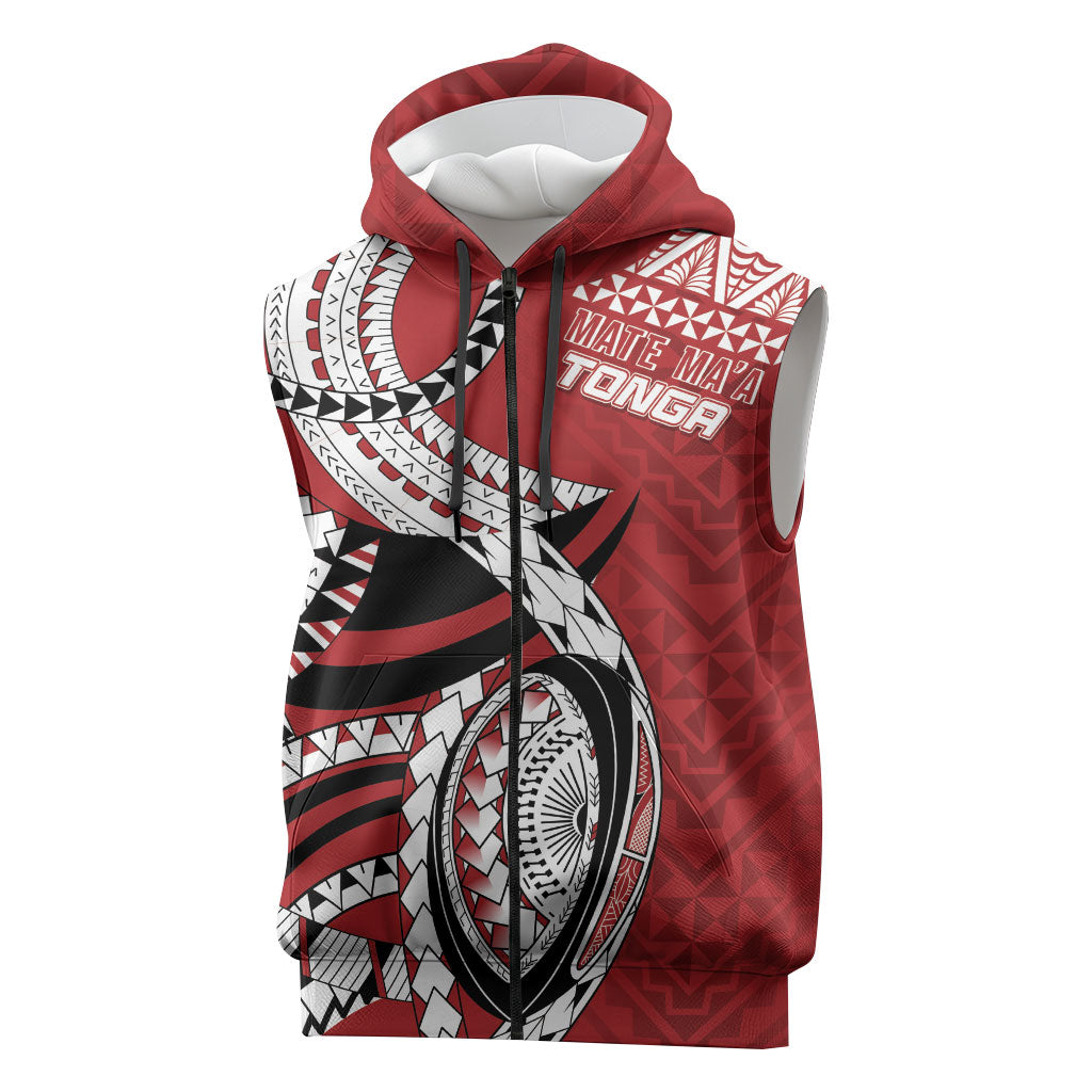Mate Ma'a Tonga Rugby Custom Kupesi Motifs Sleeveless Zip Hoodie Red Waves