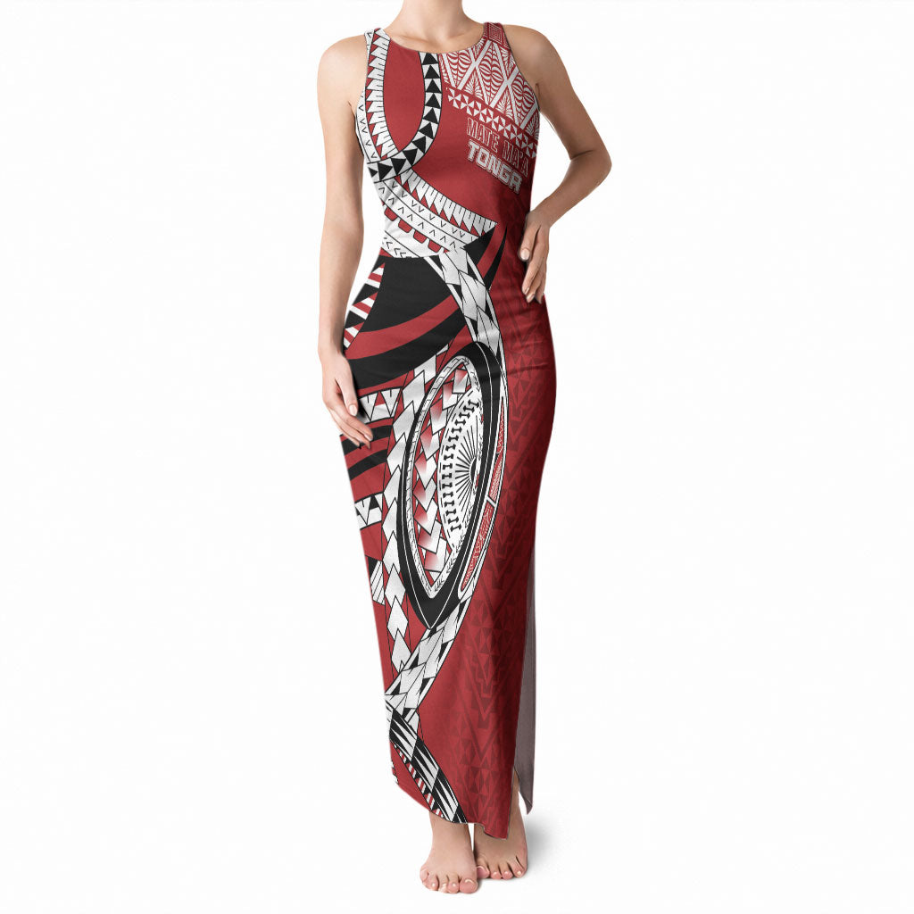 Mate Ma'a Tonga Rugby Custom Kupesi Motifs Tank Maxi Dress Red Waves