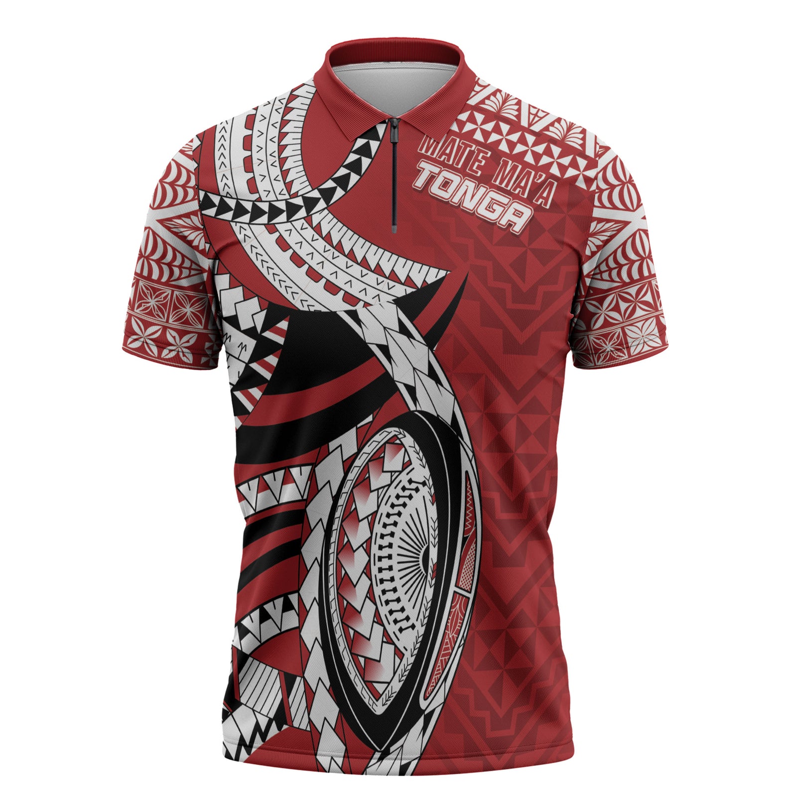 Mate Ma'a Tonga Rugby Custom Kupesi Motifs Zipper Polo Shirt Red Waves