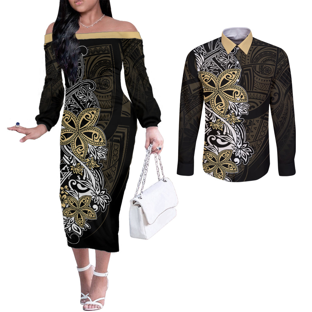 Polynesian Pride Couples Matching Off The Shoulder Long Sleeve Dress and Long Sleeve Button Shirts Tiare With Plumeria Mix Style LT7 Cream - Polynesian Pride