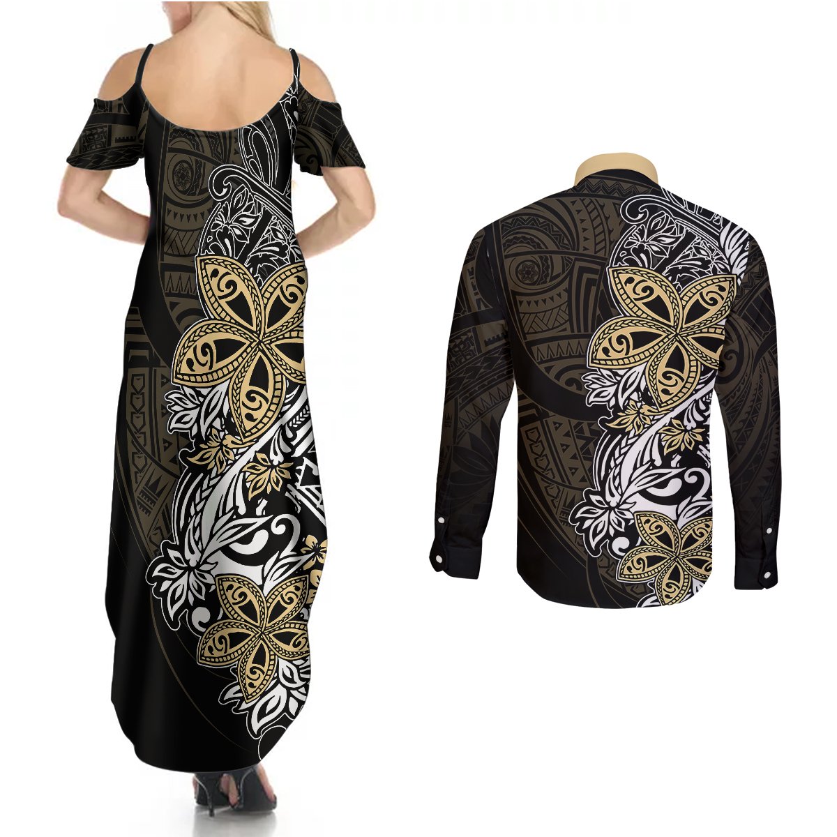 Polynesian Pride Couples Matching Summer Maxi Dress and Long Sleeve Button Shirts Tiare With Plumeria Mix Style LT7 - Polynesian Pride
