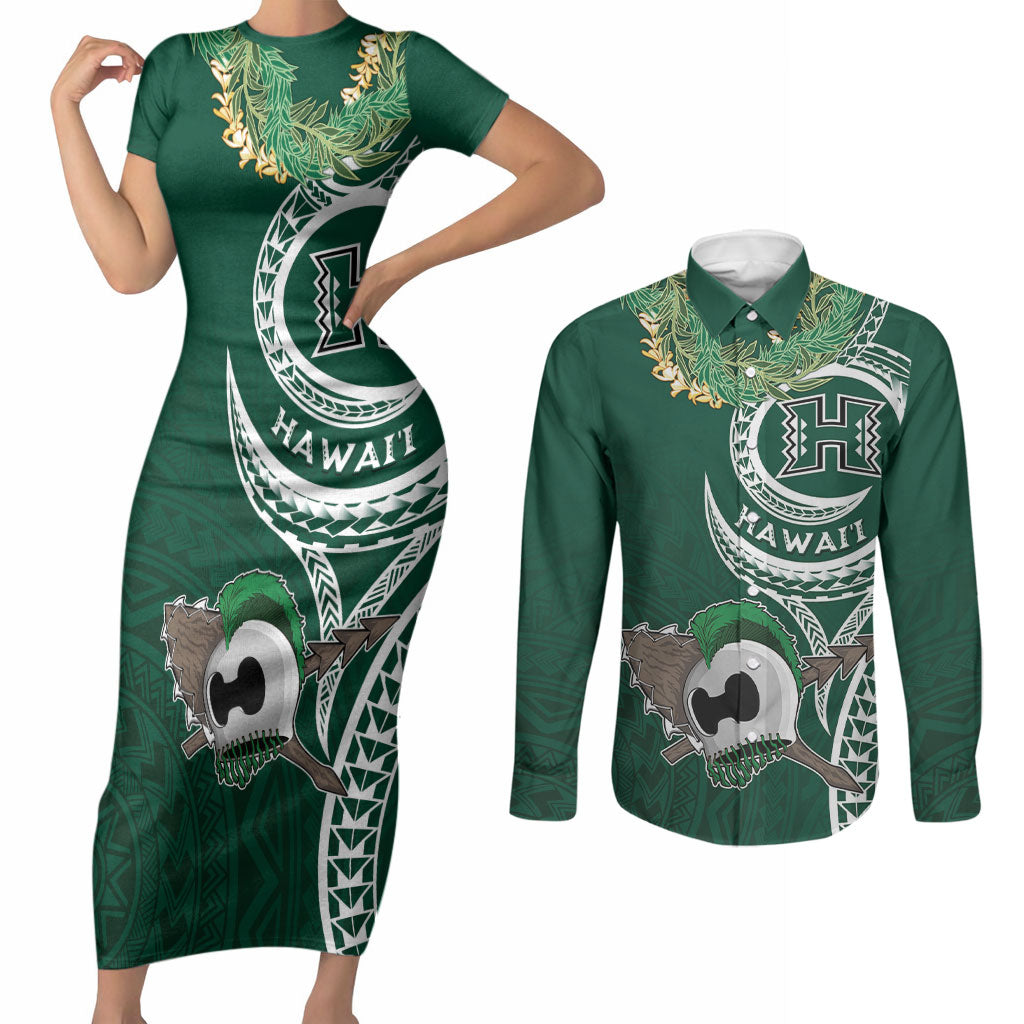 Hawaii Rainbow Warriors Alumni Personalized Couples Matching Short Sleeve Bodycon Dress and Long Sleeve Button Shirt Ti Maile Lei - Glory For The Warriors