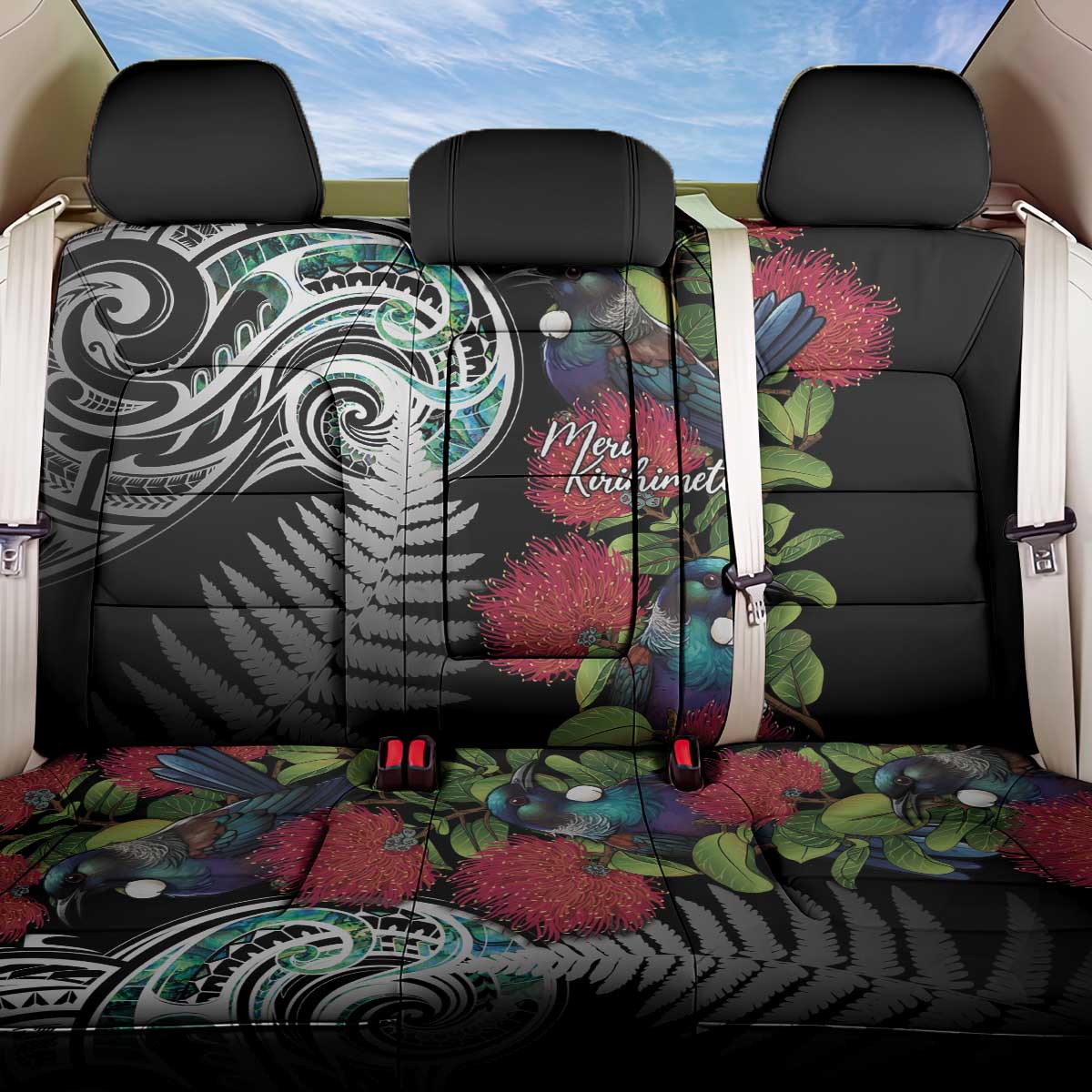 Meri Kirihimete New Zealand Back Car Seat Cover Tui on Pohutukawa LT7 One Size Black - Polynesian Pride