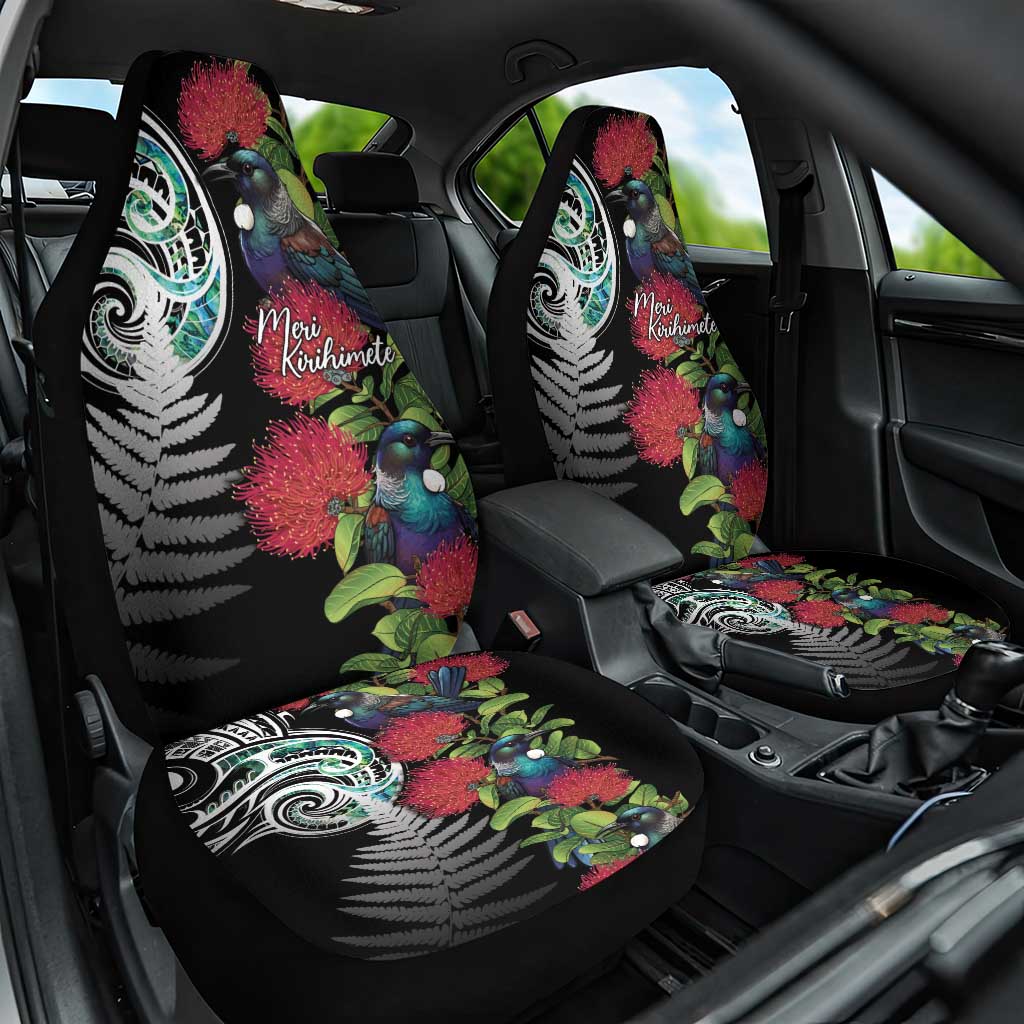 Meri Kirihimete New Zealand Car Seat Cover Tui on Pohutukawa LT7 One Size Black - Polynesian Pride