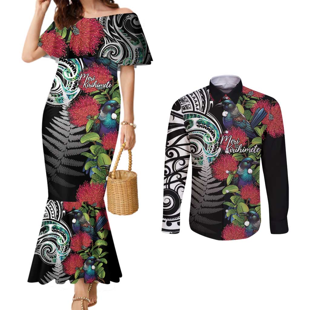 Meri Kirihimete New Zealand Couples Matching Mermaid Dress and Long Sleeve Button Shirt Tui on Pohutukawa LT7 Black - Polynesian Pride