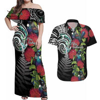 Meri Kirihimete New Zealand Couples Matching Off Shoulder Maxi Dress and Hawaiian Shirt Tui on Pohutukawa LT7 Black - Polynesian Pride