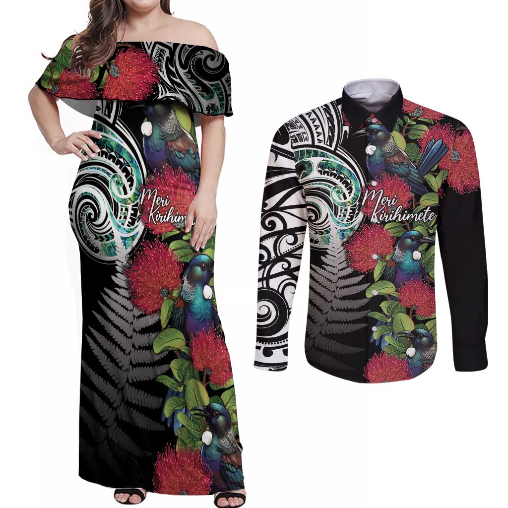 Meri Kirihimete New Zealand Couples Matching Off Shoulder Maxi Dress and Long Sleeve Button Shirt Tui on Pohutukawa LT7 Black - Polynesian Pride
