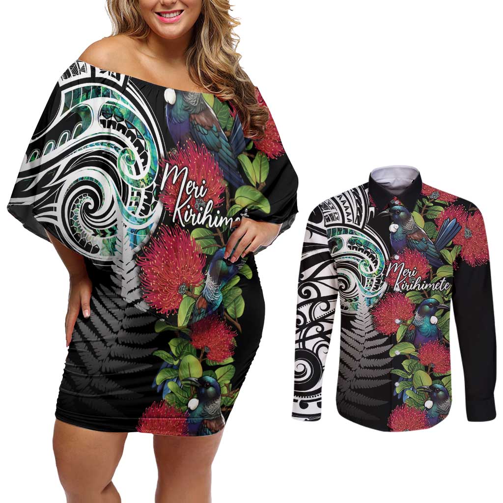 Meri Kirihimete New Zealand Couples Matching Off Shoulder Short Dress and Long Sleeve Button Shirt Tui on Pohutukawa LT7 Black - Polynesian Pride