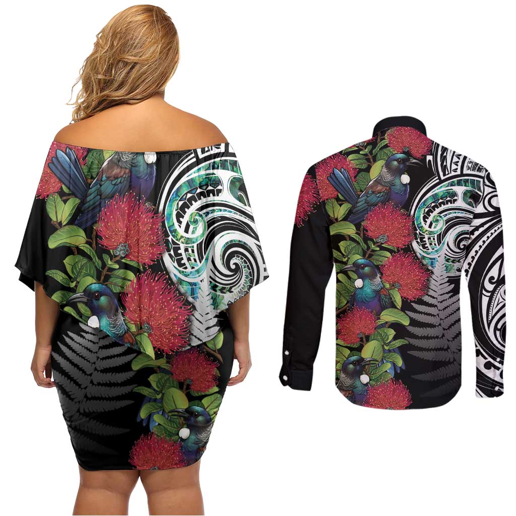 Meri Kirihimete New Zealand Couples Matching Off Shoulder Short Dress and Long Sleeve Button Shirt Tui on Pohutukawa LT7 - Polynesian Pride