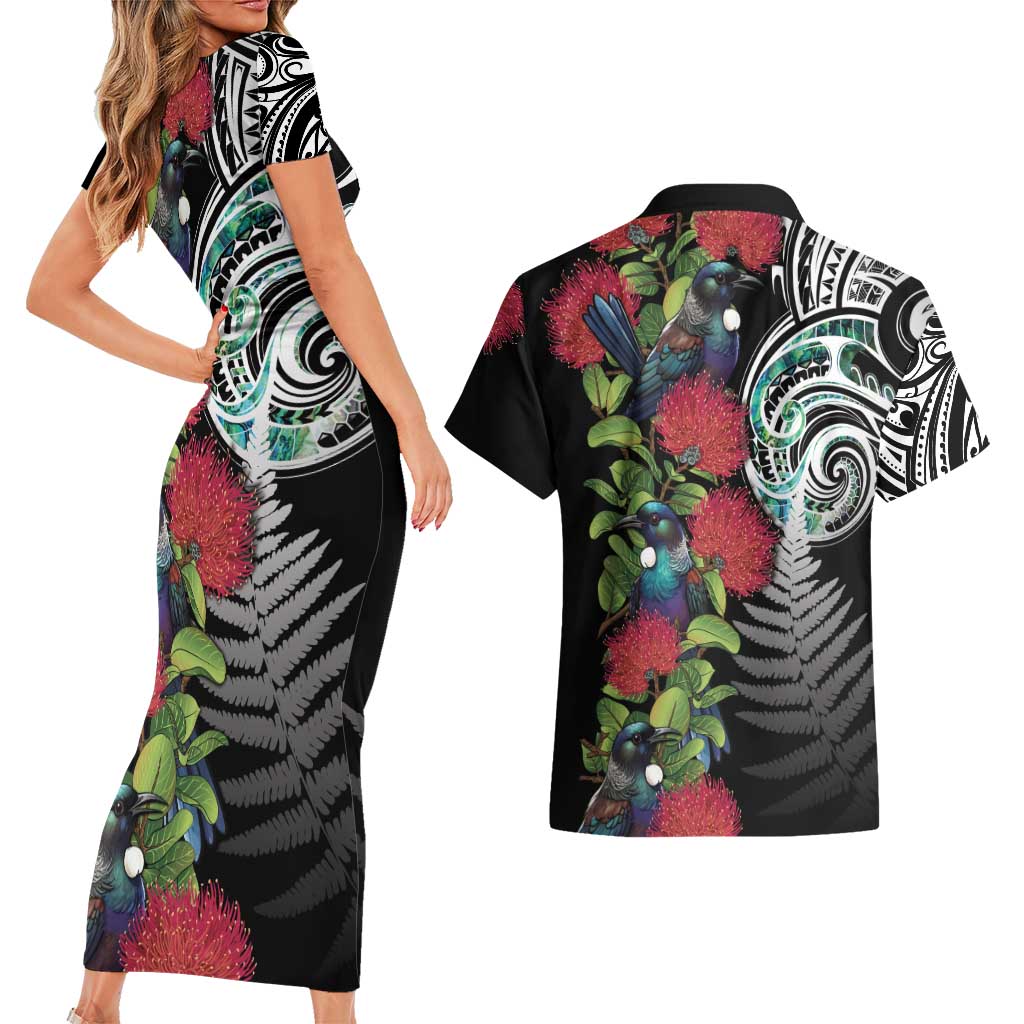 Meri Kirihimete New Zealand Couples Matching Short Sleeve Bodycon Dress and Hawaiian Shirt Tui on Pohutukawa LT7 - Polynesian Pride