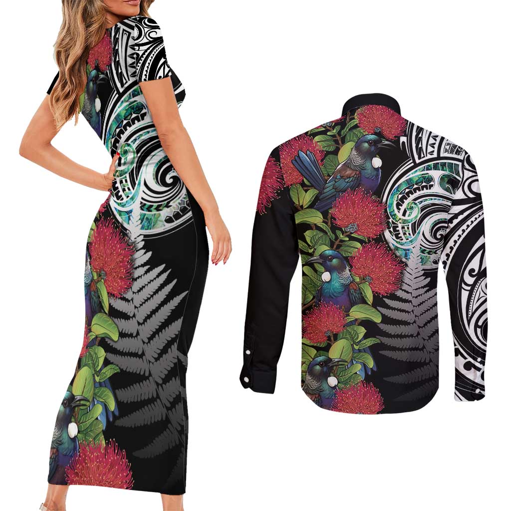 Meri Kirihimete New Zealand Couples Matching Short Sleeve Bodycon Dress and Long Sleeve Button Shirt Tui on Pohutukawa LT7 - Polynesian Pride