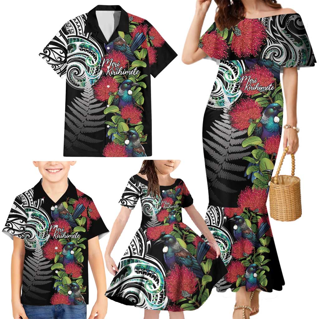 Meri Kirihimete New Zealand Family Matching Mermaid Dress and Hawaiian Shirt Tui on Pohutukawa LT7 - Polynesian Pride