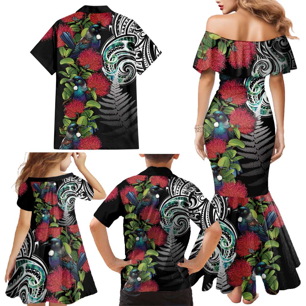 Meri Kirihimete New Zealand Family Matching Mermaid Dress and Hawaiian Shirt Tui on Pohutukawa LT7 - Polynesian Pride
