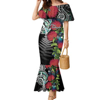 Meri Kirihimete New Zealand Family Matching Mermaid Dress and Hawaiian Shirt Tui on Pohutukawa LT7 Mom's Dress Black - Polynesian Pride