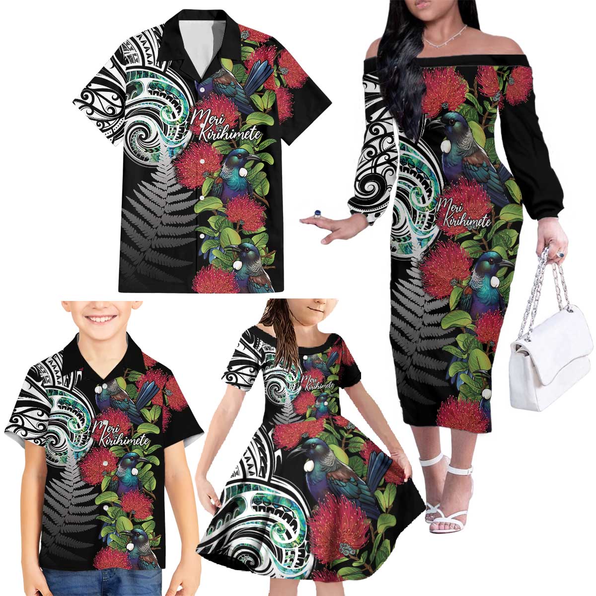 Meri Kirihimete New Zealand Family Matching Off The Shoulder Long Sleeve Dress and Hawaiian Shirt Tui on Pohutukawa LT7 - Polynesian Pride