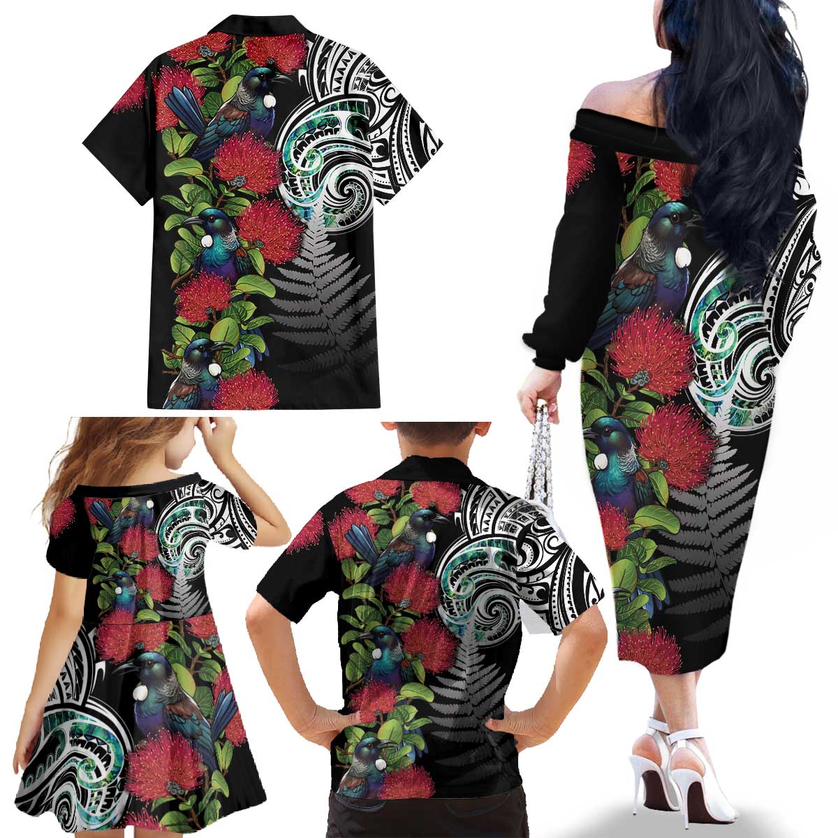 Meri Kirihimete New Zealand Family Matching Off The Shoulder Long Sleeve Dress and Hawaiian Shirt Tui on Pohutukawa LT7 - Polynesian Pride