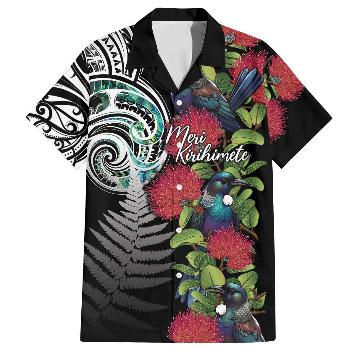 Meri Kirihimete New Zealand Family Matching Off The Shoulder Long Sleeve Dress and Hawaiian Shirt Tui on Pohutukawa LT7 Dad's Shirt - Short Sleeve Black - Polynesian Pride