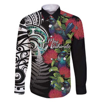 Meri Kirihimete New Zealand Family Matching Off The Shoulder Long Sleeve Dress and Hawaiian Shirt Tui on Pohutukawa LT7 Dad's Shirt - Long Sleeve Black - Polynesian Pride