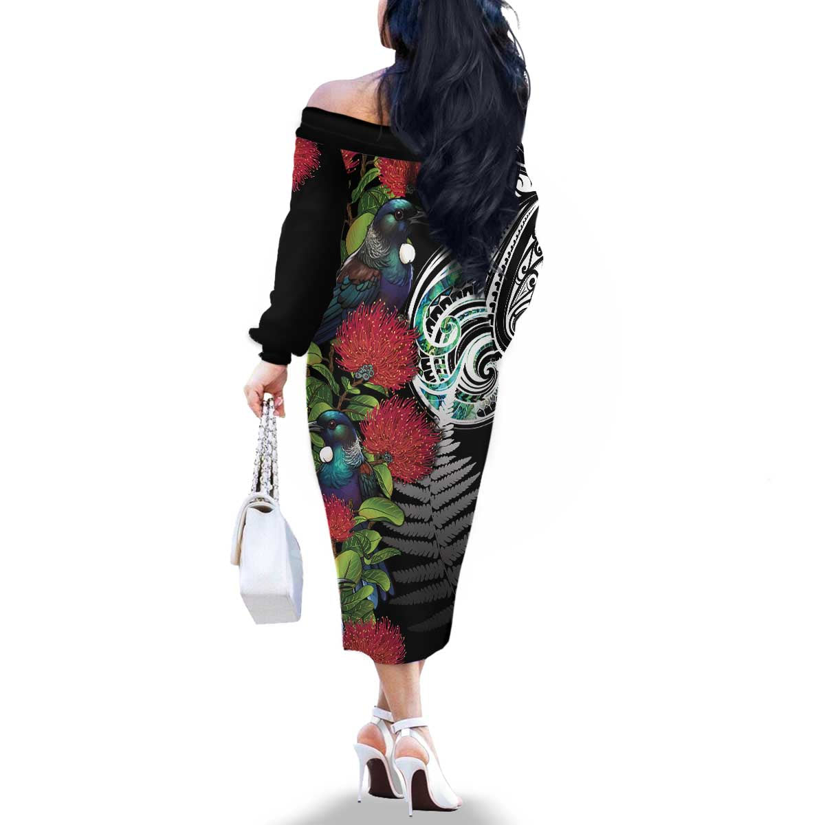 Meri Kirihimete New Zealand Family Matching Off The Shoulder Long Sleeve Dress and Hawaiian Shirt Tui on Pohutukawa LT7 - Polynesian Pride