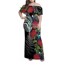 Meri Kirihimete New Zealand Family Matching Off Shoulder Maxi Dress and Hawaiian Shirt Tui on Pohutukawa LT7 Mom's Dress Black - Polynesian Pride