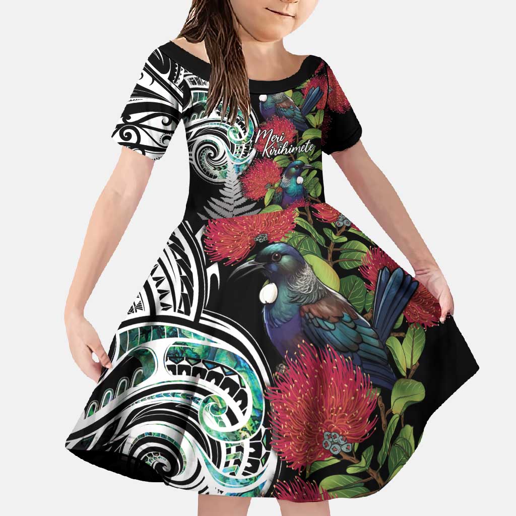 Meri Kirihimete New Zealand Family Matching Summer Maxi Dress and Hawaiian Shirt Tui on Pohutukawa LT7 Daughter's Dress Black - Polynesian Pride