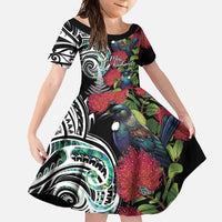 Meri Kirihimete New Zealand Family Matching Summer Maxi Dress and Hawaiian Shirt Tui on Pohutukawa LT7 Daughter's Dress Black - Polynesian Pride
