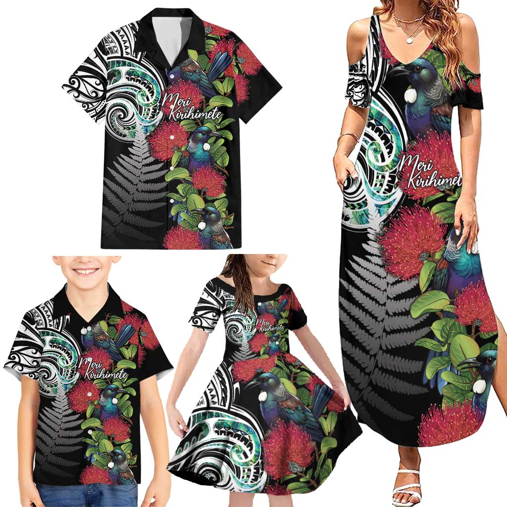 Meri Kirihimete New Zealand Family Matching Summer Maxi Dress and Hawaiian Shirt Tui on Pohutukawa LT7 - Polynesian Pride