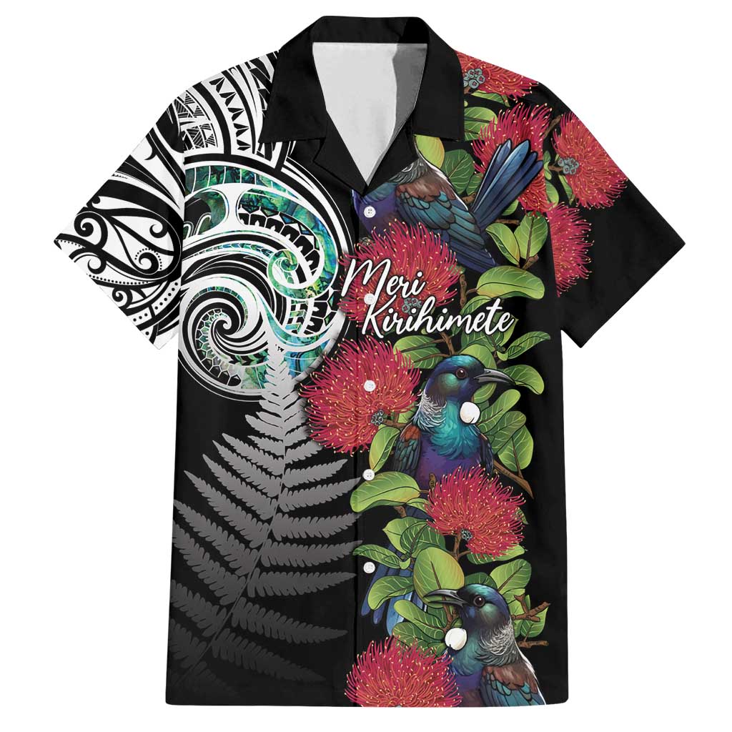 Meri Kirihimete New Zealand Family Matching Summer Maxi Dress and Hawaiian Shirt Tui on Pohutukawa LT7 Dad's Shirt - Short Sleeve Black - Polynesian Pride