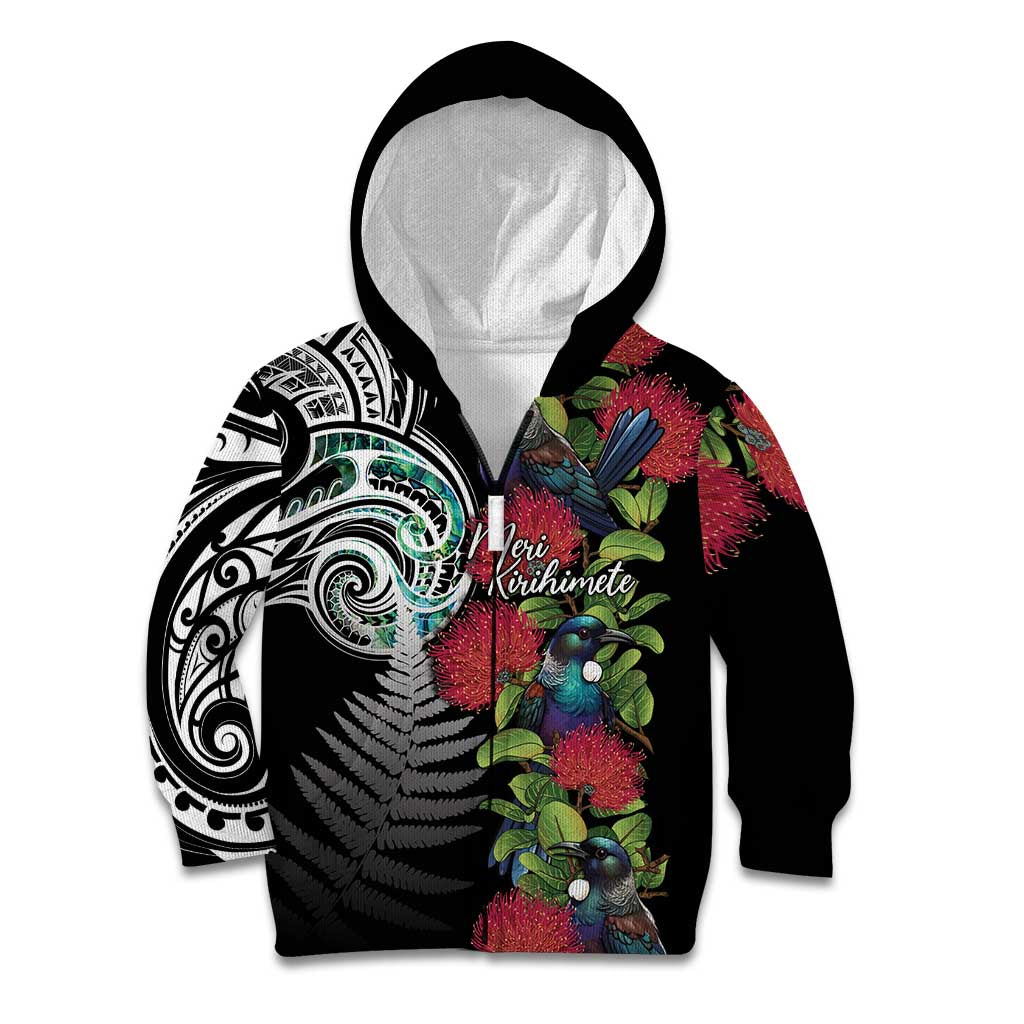 Meri Kirihimete New Zealand Kid Hoodie Tui on Pohutukawa LT7 Zip Hoodie Black - Polynesian Pride