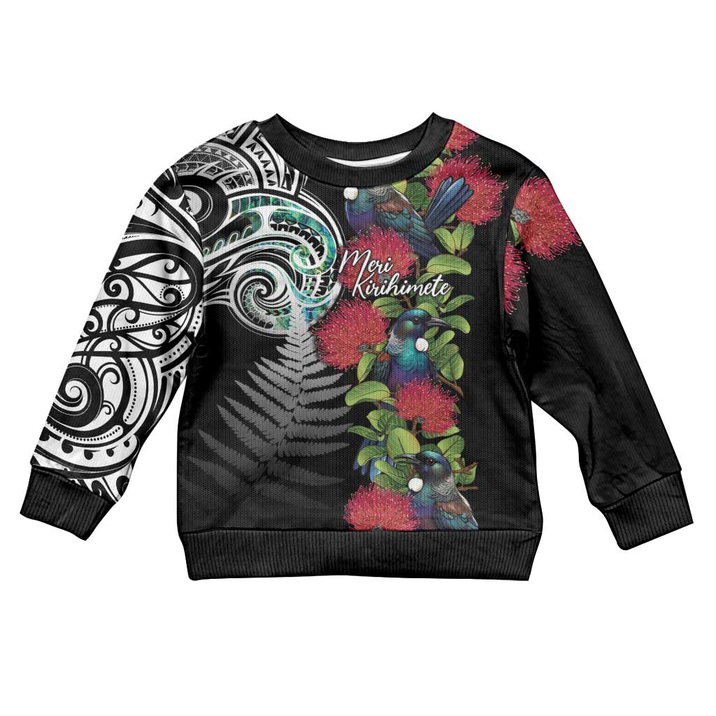 Meri Kirihimete New Zealand Kid Ugly Christmas Sweater Tui on Pohutukawa LT7 Kid Black - Polynesian Pride