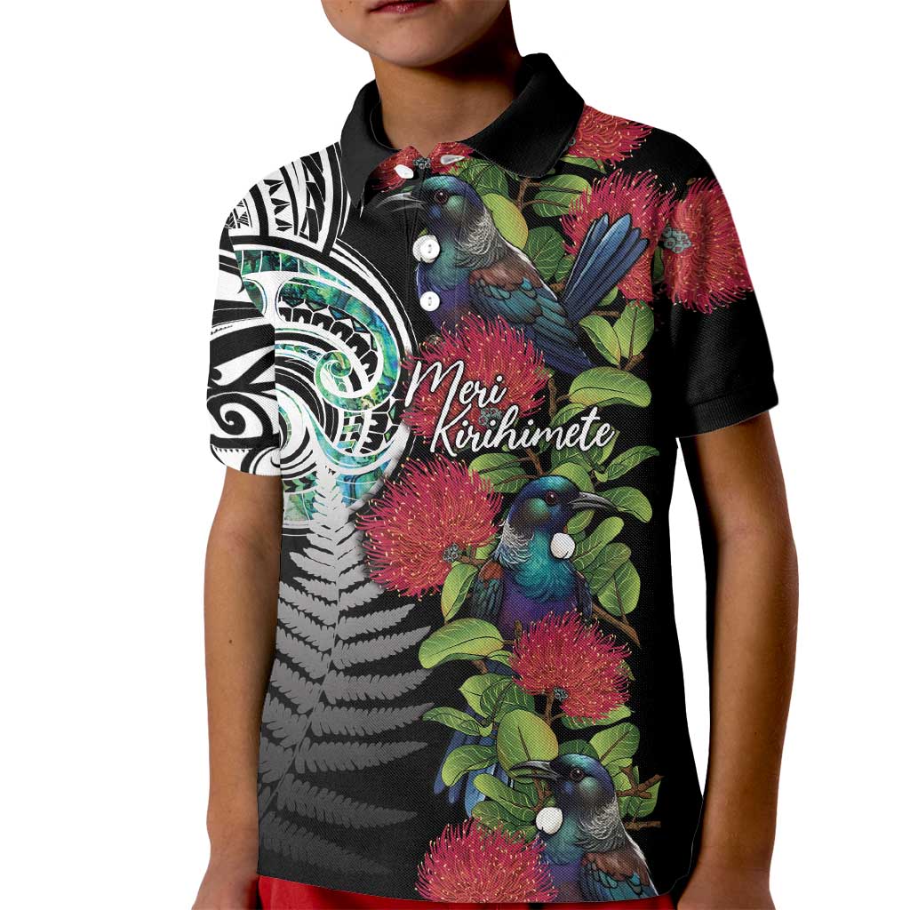 Meri Kirihimete New Zealand Kid Polo Shirt Tui on Pohutukawa LT7 Kid Black - Polynesian Pride