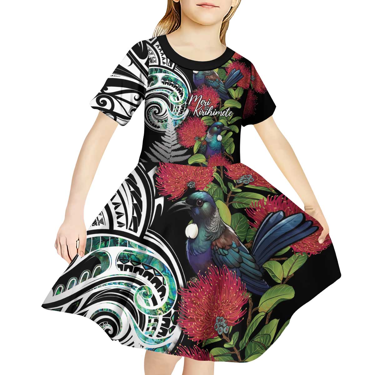 Meri Kirihimete New Zealand Kid Short Sleeve Dress Tui on Pohutukawa LT7 - Polynesian Pride
