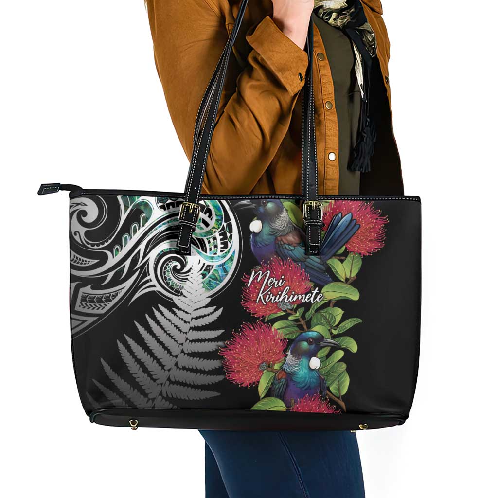 Meri Kirihimete New Zealand Leather Tote Bag Tui on Pohutukawa LT7 - Polynesian Pride