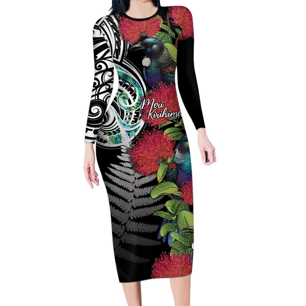 Meri Kirihimete New Zealand Long Sleeve Bodycon Dress Tui on Pohutukawa LT7 Long Dress Black - Polynesian Pride