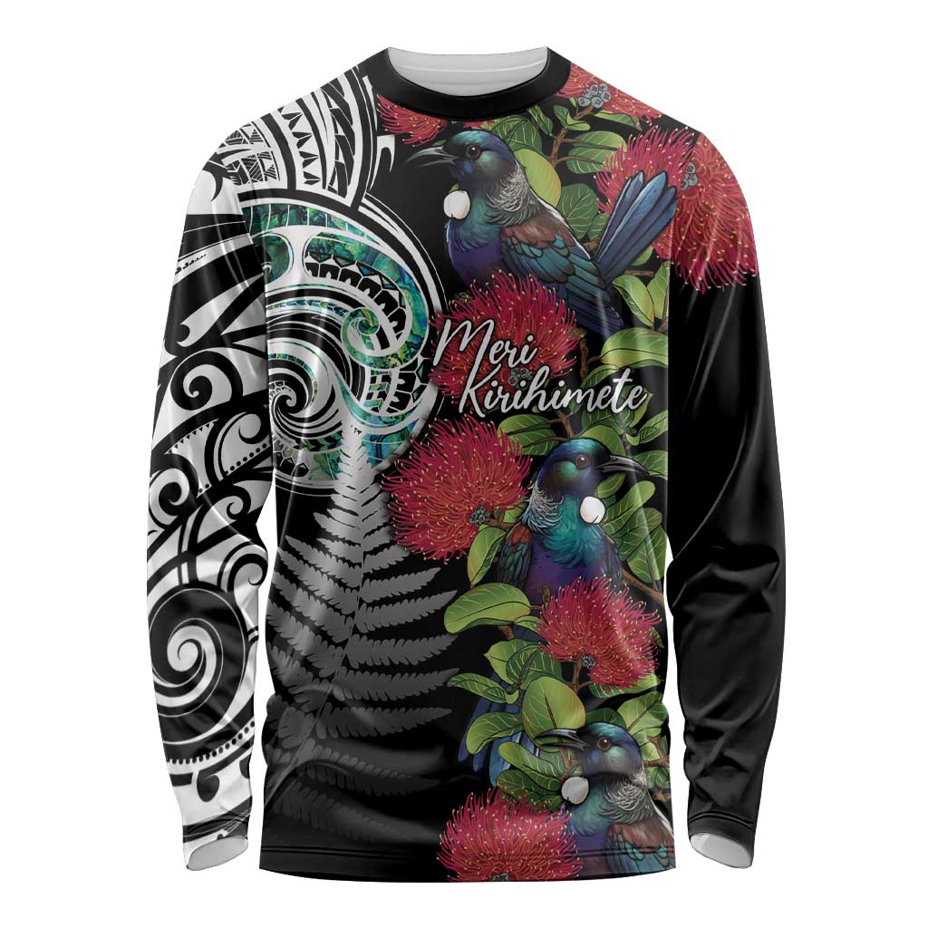 Meri Kirihimete New Zealand Long Sleeve Shirt Tui on Pohutukawa LT7 Unisex Black - Polynesian Pride
