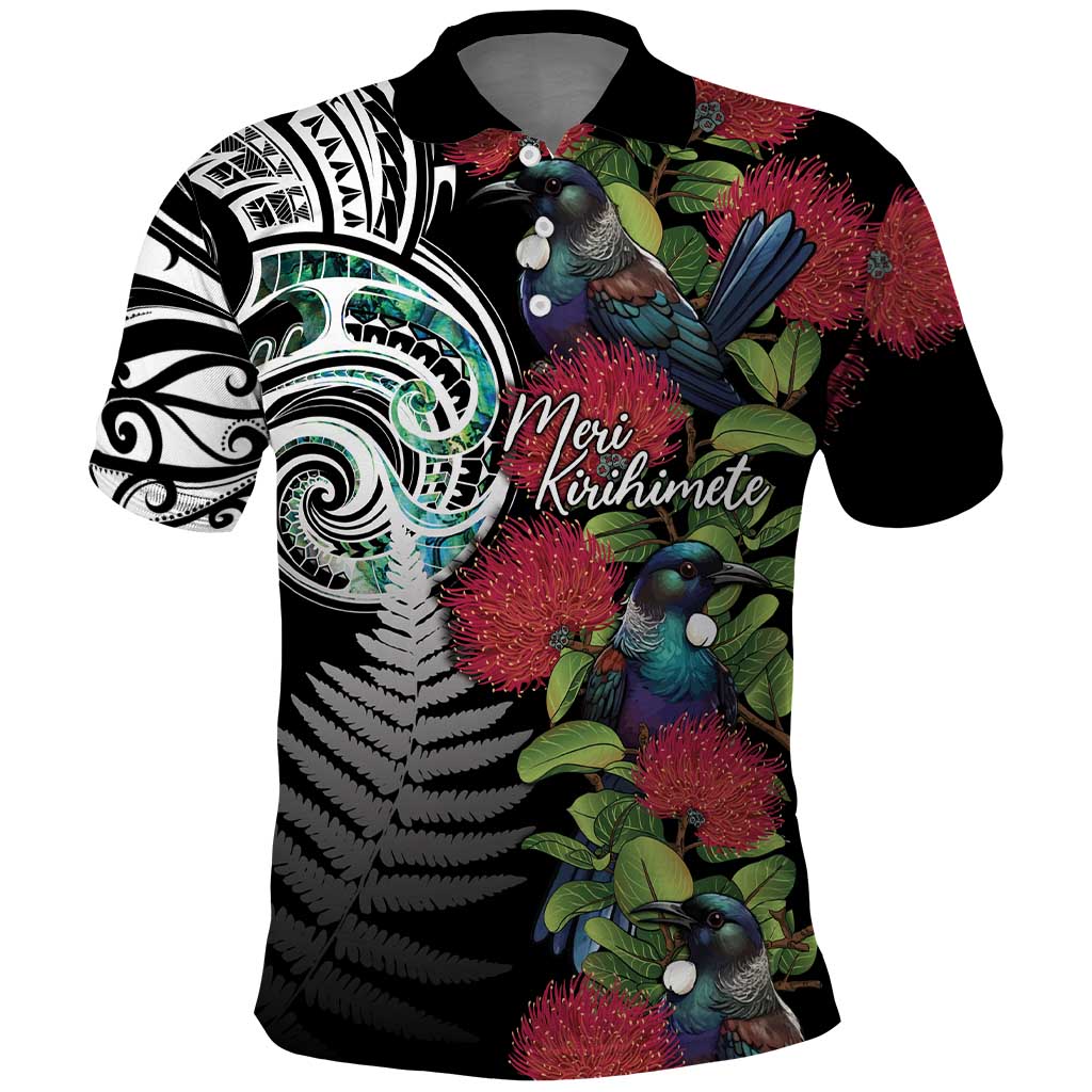 Meri Kirihimete New Zealand Polo Shirt Tui on Pohutukawa LT7 Black - Polynesian Pride