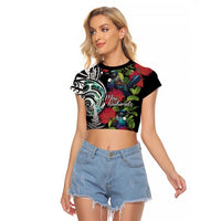 Meri Kirihimete New Zealand Raglan Cropped T Shirt Tui on Pohutukawa LT7 Female Black - Polynesian Pride