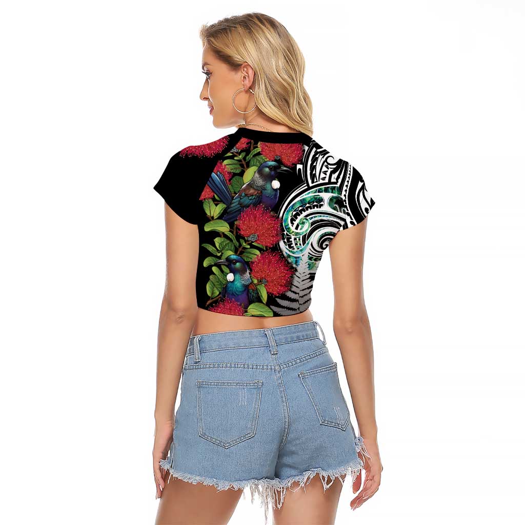 Meri Kirihimete New Zealand Raglan Cropped T Shirt Tui on Pohutukawa LT7 - Polynesian Pride