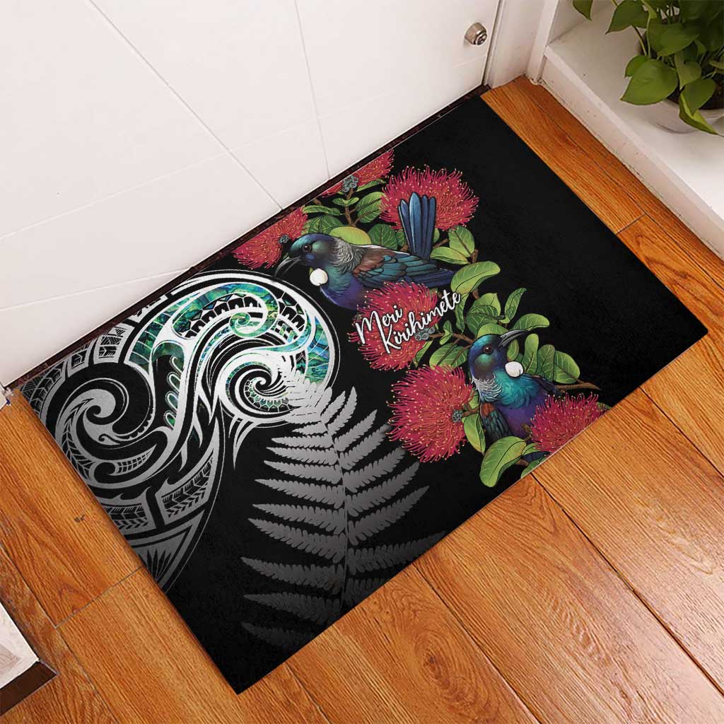 Meri Kirihimete New Zealand Rubber Doormat Tui on Pohutukawa