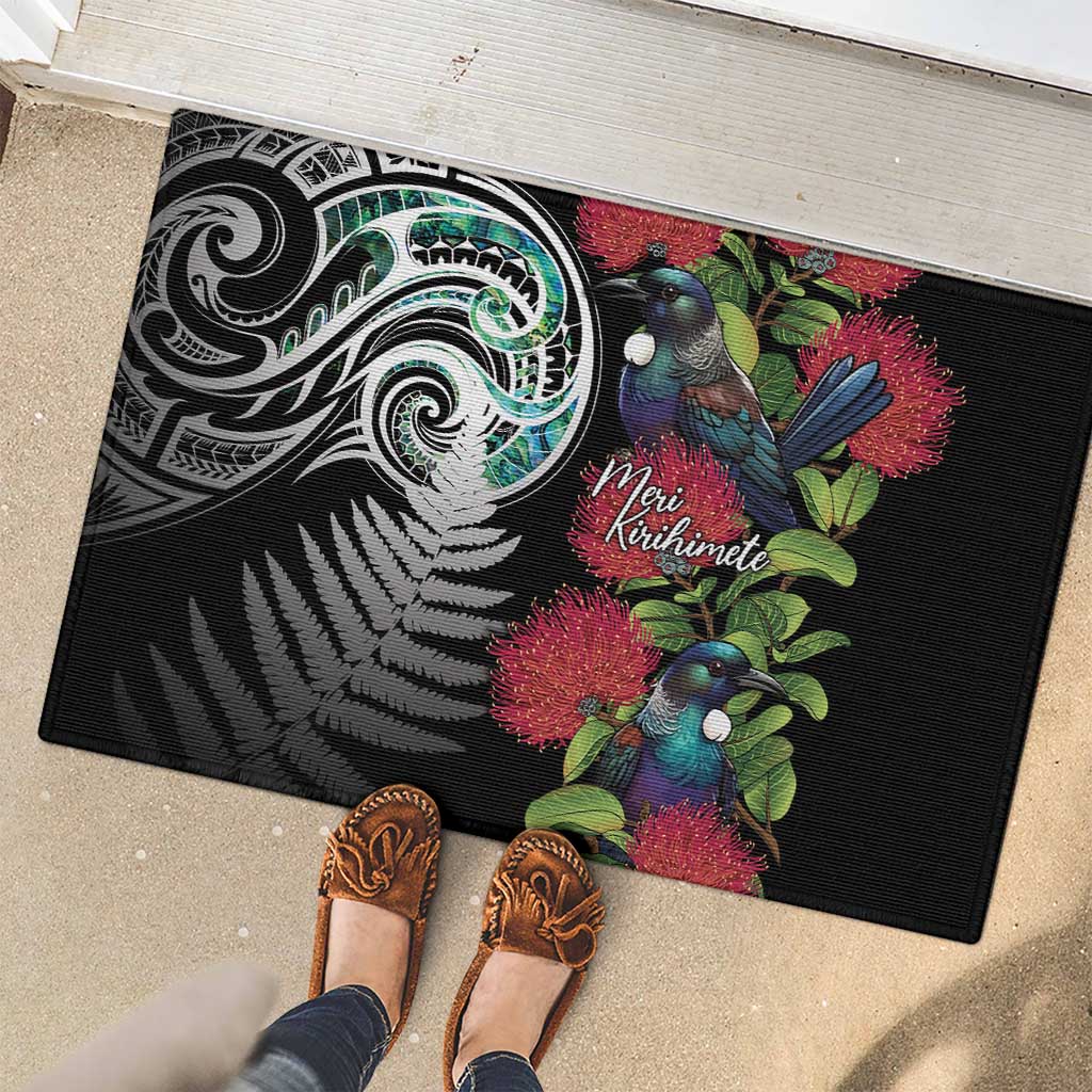 Meri Kirihimete New Zealand Rubber Doormat Tui on Pohutukawa