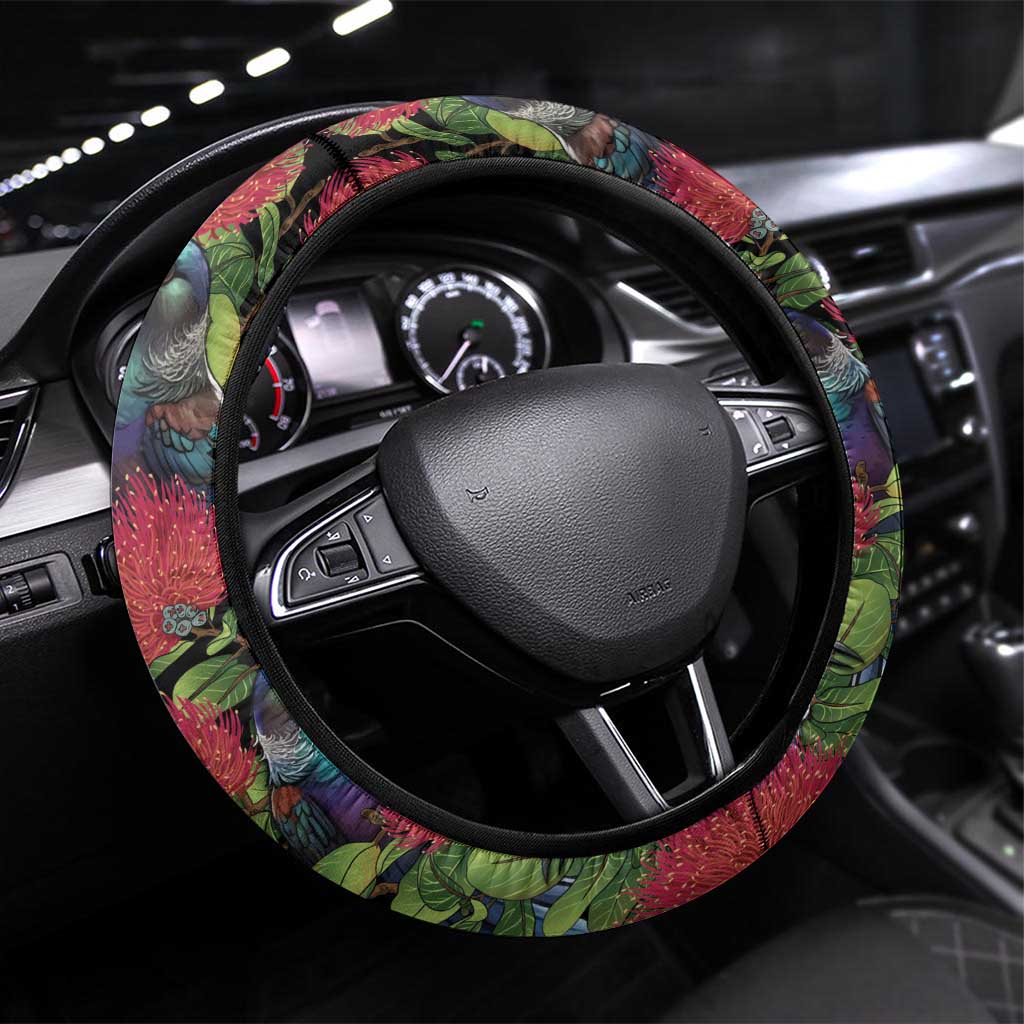 Meri Kirihimete New Zealand Steering Wheel Cover Tui on Pohutukawa LT7 Universal Fit Black - Polynesian Pride