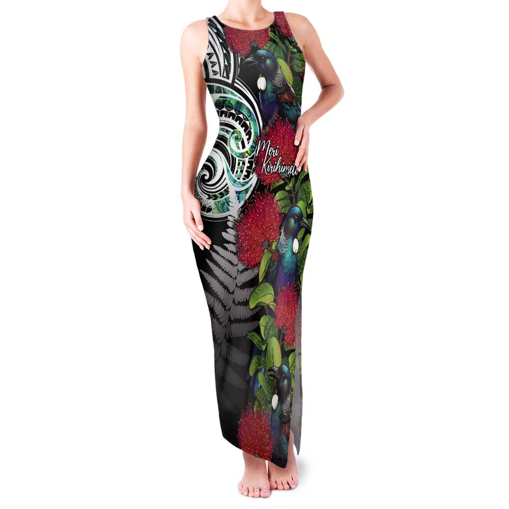 Meri Kirihimete New Zealand Tank Maxi Dress Tui on Pohutukawa LT7 Women Black - Polynesian Pride