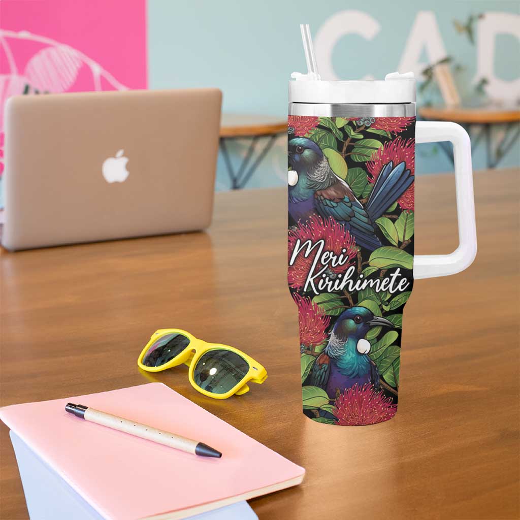 Meri Kirihimete New Zealand Tumbler With Handle Tui on Pohutukawa LT7 - Polynesian Pride