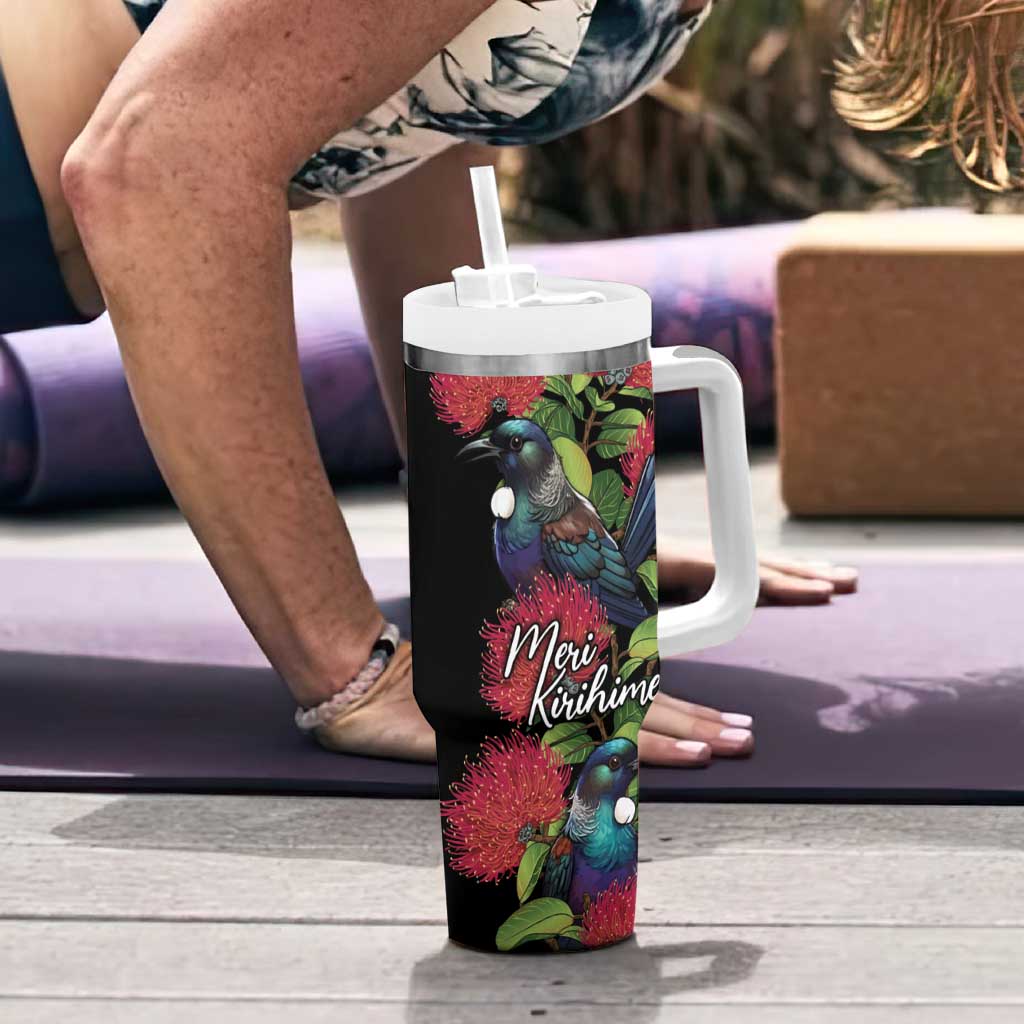 Meri Kirihimete New Zealand Tumbler With Handle Tui on Pohutukawa LT7 - Polynesian Pride