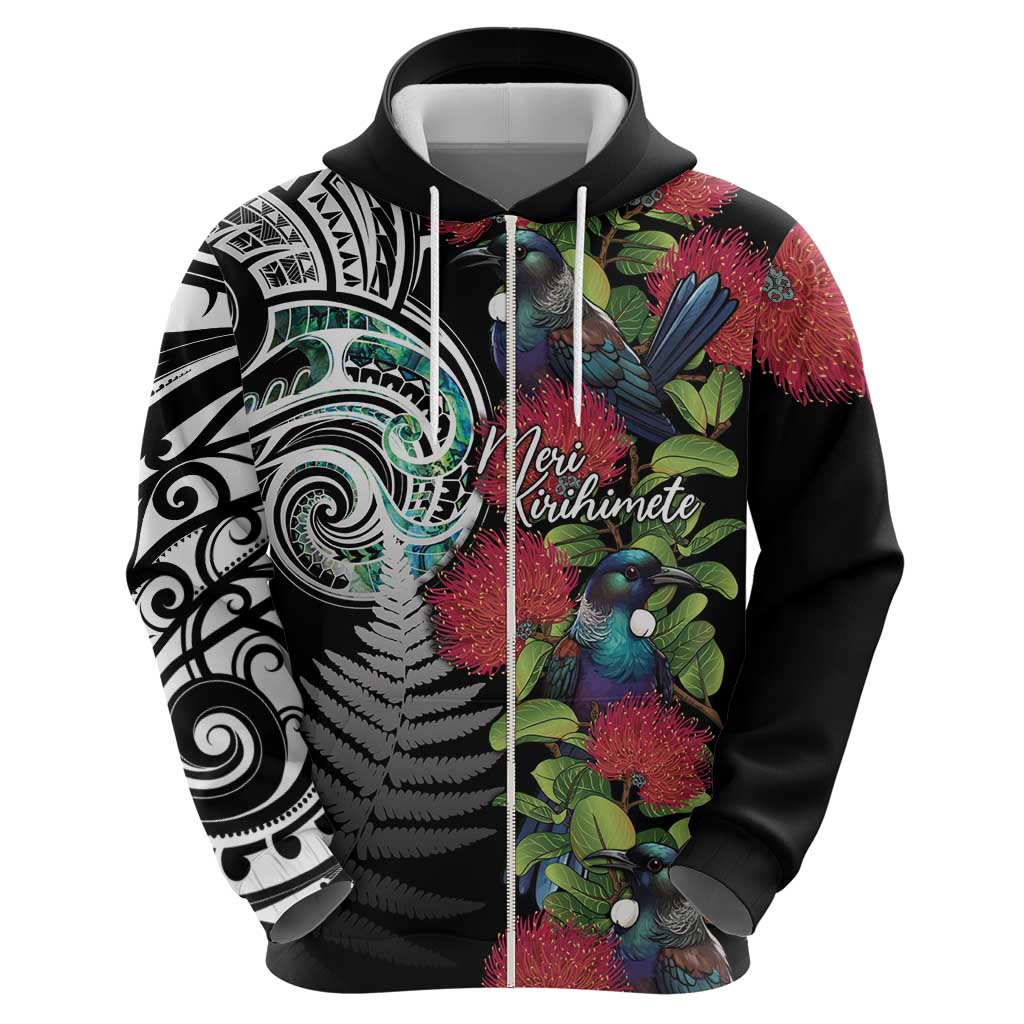 Meri Kirihimete New Zealand Zip Hoodie Tui on Pohutukawa LT7 - Polynesian Pride