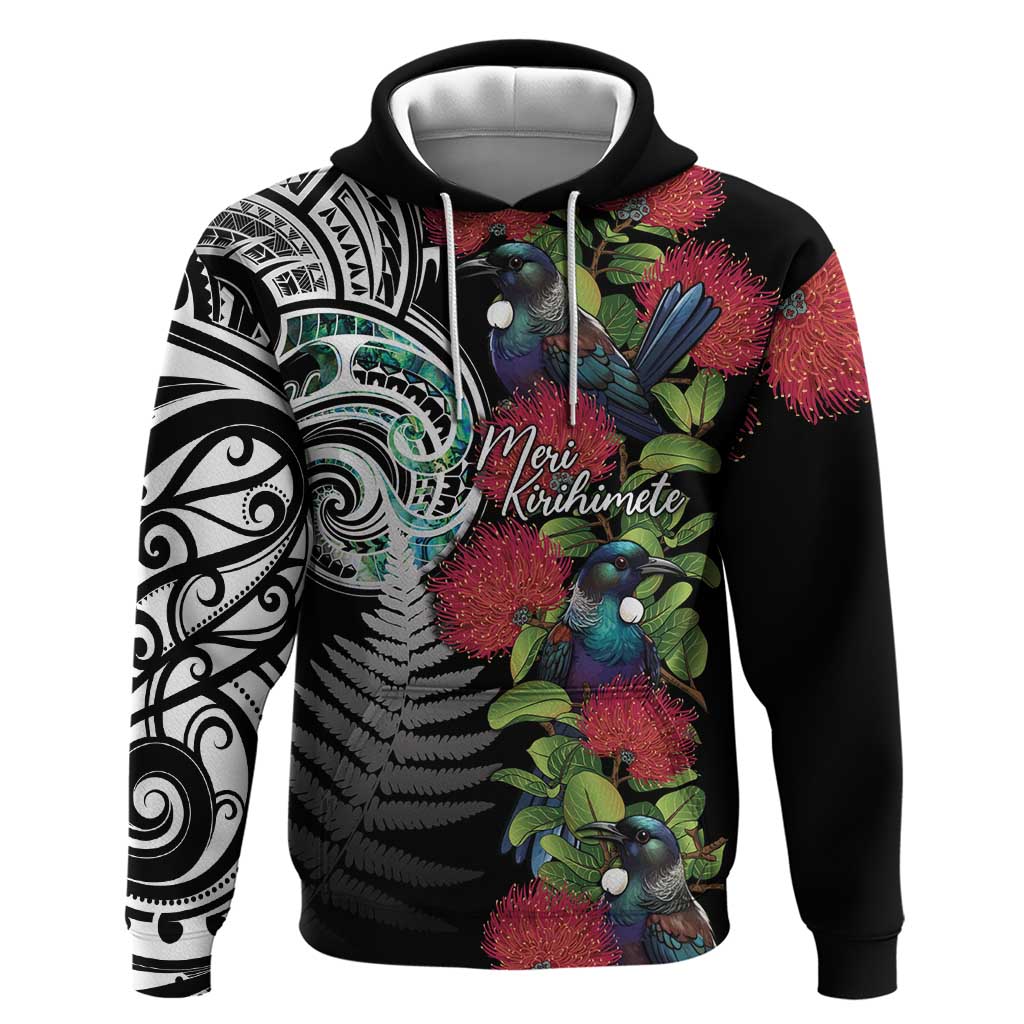Meri Kirihimete New Zealand Zip Hoodie Tui on Pohutukawa LT7 Pullover Hoodie Black - Polynesian Pride