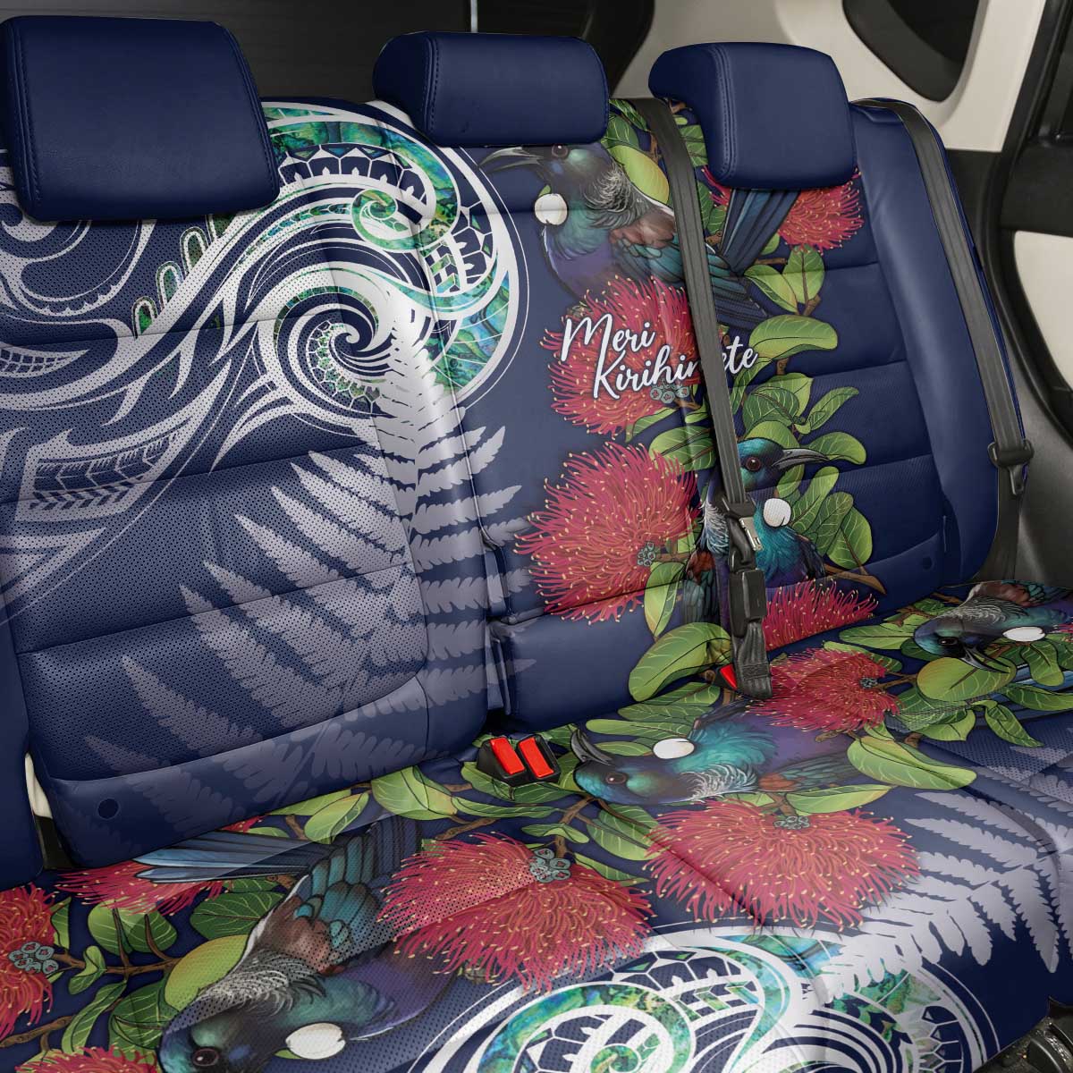 Meri Kirihimete New Zealand Back Car Seat Cover Tui on Pohutukawa - Blue Ver LT7 - Polynesian Pride