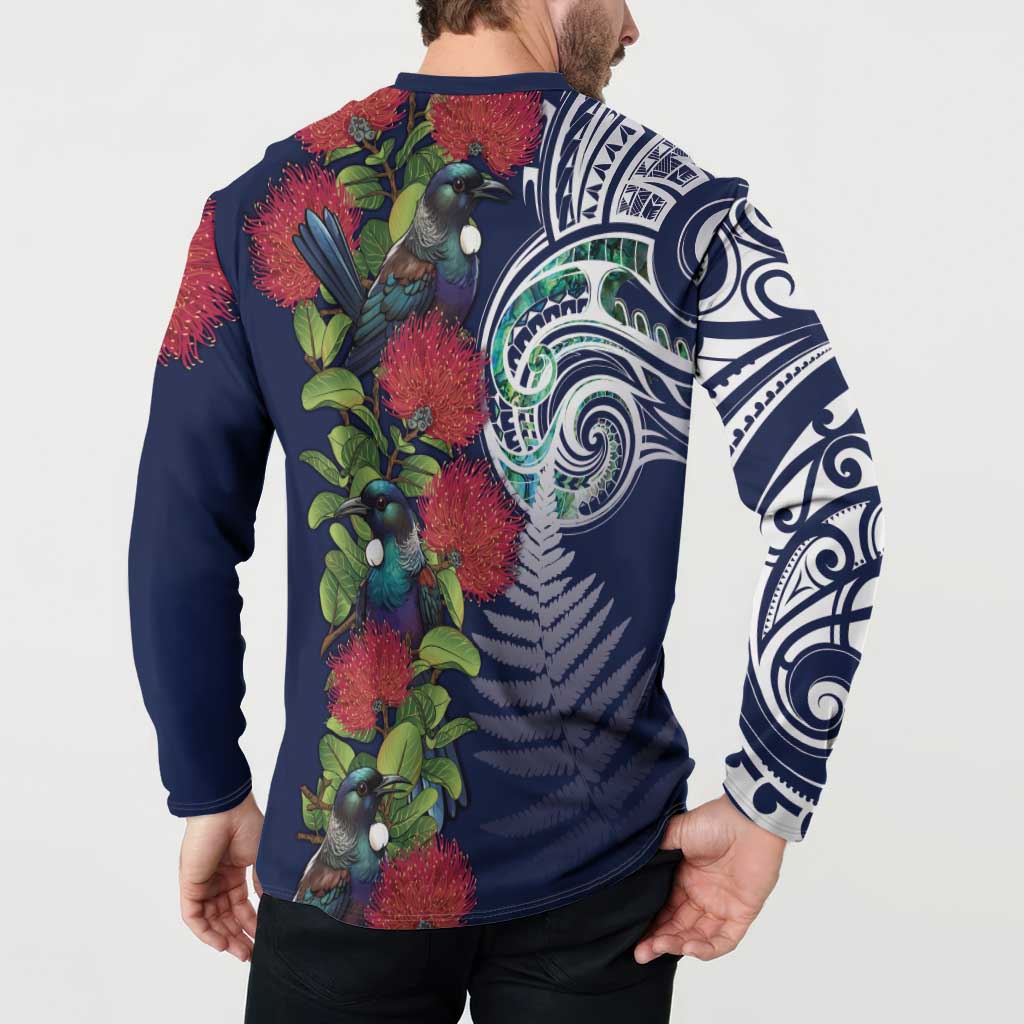 Meri Kirihimete New Zealand Button Sweatshirt Tui on Pohutukawa - Blue Ver
